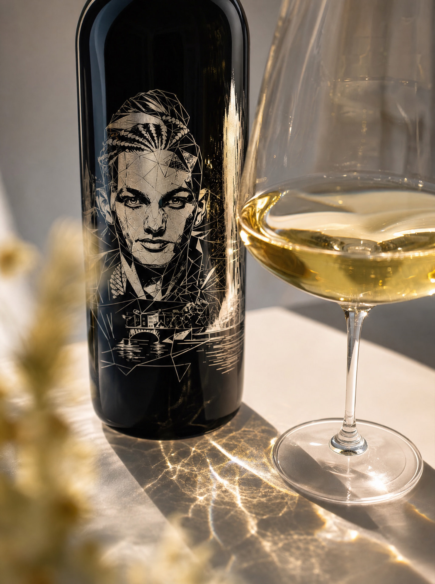 Bouteille blanche et verre de vin dans la lumière